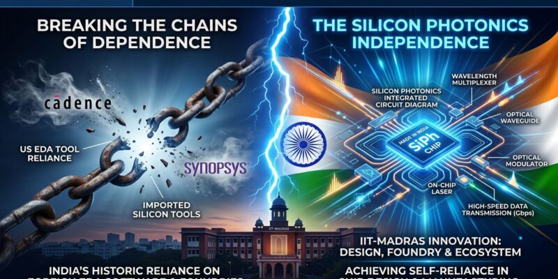 Split-screen illustration showing India breaking away from US chip tool dependence with indigenous Silicon Photonics PDK