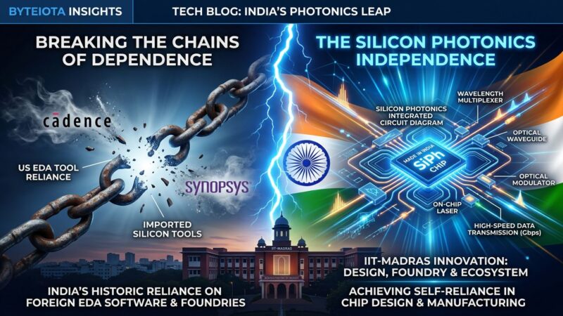 Split-screen illustration showing India breaking away from US chip tool dependence with indigenous Silicon Photonics PDK