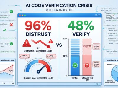 Data visualization dashboard showing 96% of developers distrust AI-generated code while only 48% verify it, illustrating the verification bottleneck