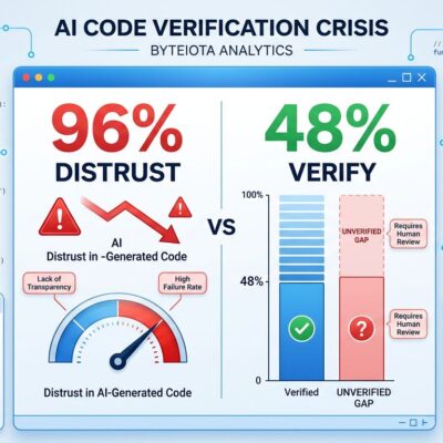Data visualization dashboard showing 96% of developers distrust AI-generated code while only 48% verify it, illustrating the verification bottleneck