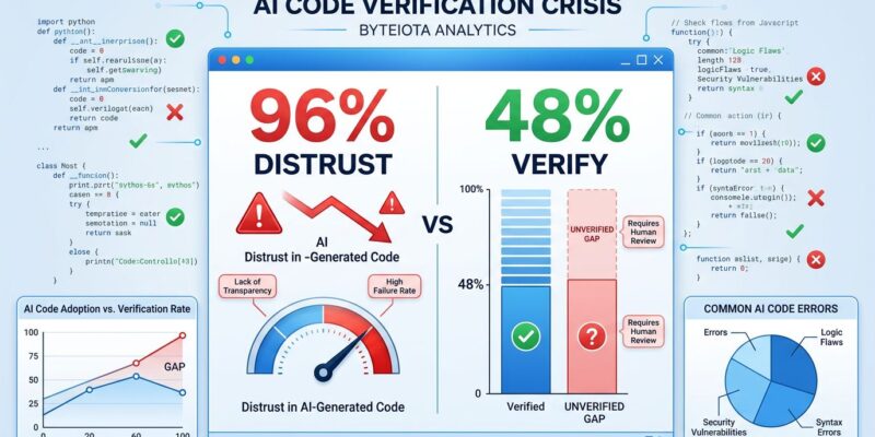 Data visualization dashboard showing 96% of developers distrust AI-generated code while only 48% verify it, illustrating the verification bottleneck