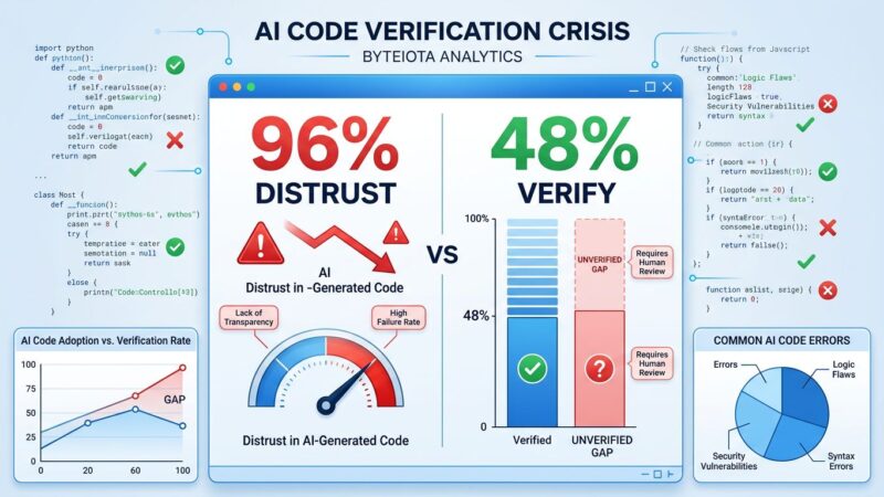 Data visualization dashboard showing 96% of developers distrust AI-generated code while only 48% verify it, illustrating the verification bottleneck