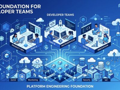 Platform engineering infrastructure diagram with blue and white geometric patterns