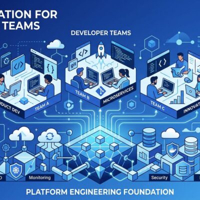 Platform engineering infrastructure diagram with blue and white geometric patterns