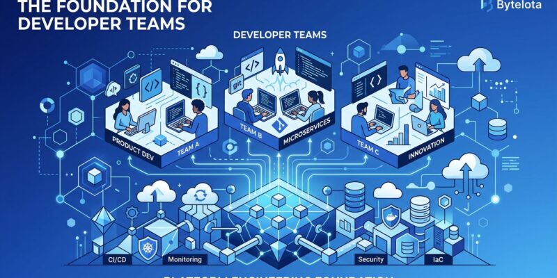 Platform engineering infrastructure diagram with blue and white geometric patterns