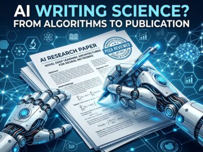 AI robotic hand writing scientific paper with peer review stamp and neural network patterns