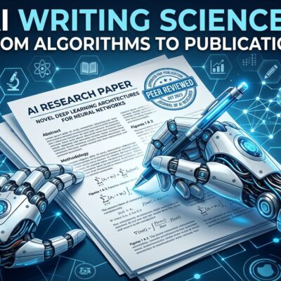 AI robotic hand writing scientific paper with peer review stamp and neural network patterns