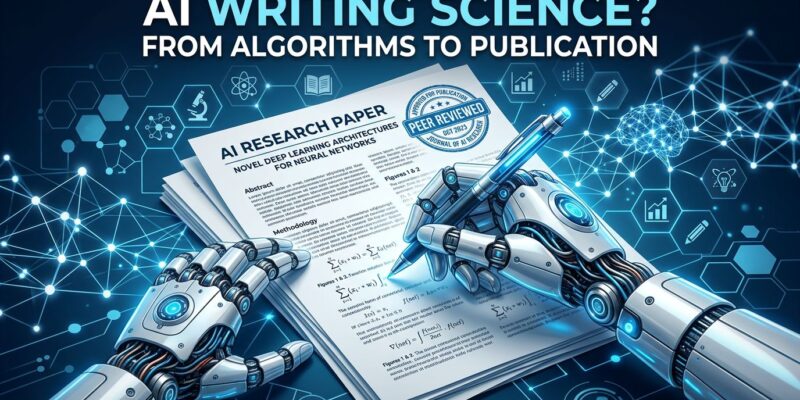 AI robotic hand writing scientific paper with peer review stamp and neural network patterns
