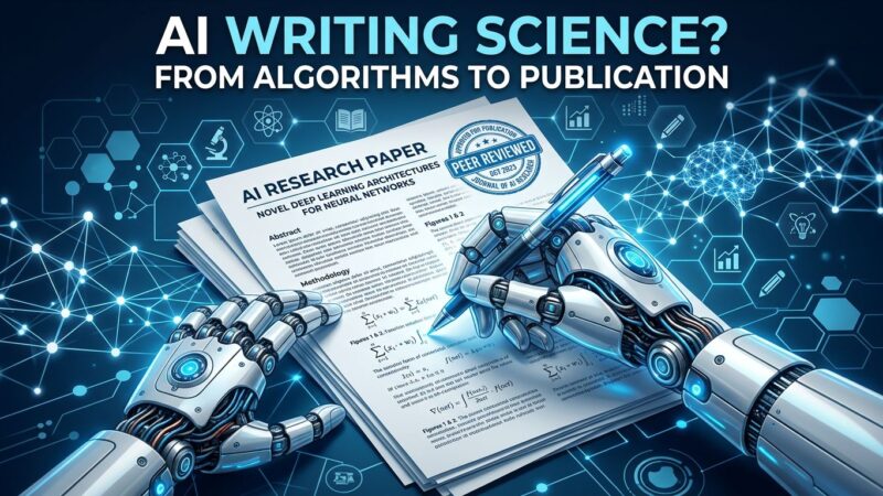 AI robotic hand writing scientific paper with peer review stamp and neural network patterns
