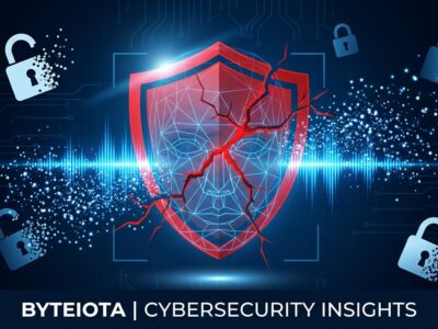 Data breach visualization showing broken shield with biometric facial recognition grid and voice waveforms representing Mercor AI breach