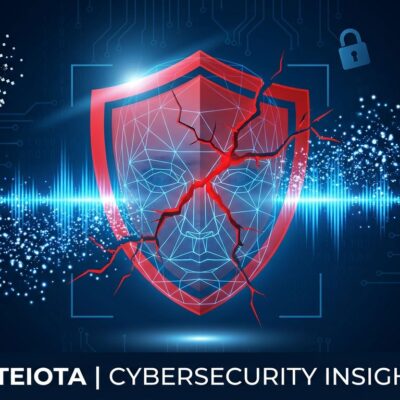 Data breach visualization showing broken shield with biometric facial recognition grid and voice waveforms representing Mercor AI breach