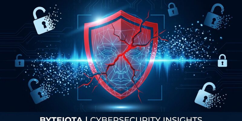 Data breach visualization showing broken shield with biometric facial recognition grid and voice waveforms representing Mercor AI breach