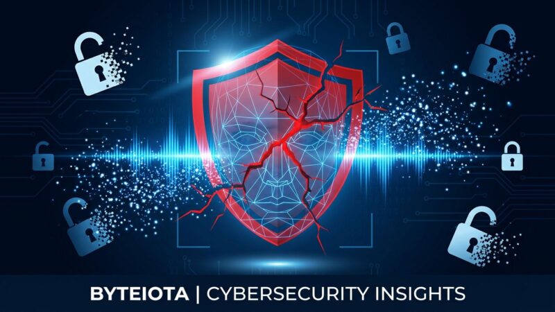 Data breach visualization showing broken shield with biometric facial recognition grid and voice waveforms representing Mercor AI breach