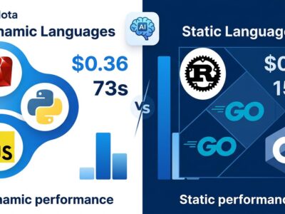 Split-screen comparison showing dynamic vs static languages performance in AI coding