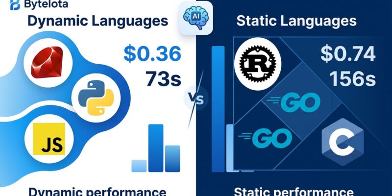 Split-screen comparison showing dynamic vs static languages performance in AI coding