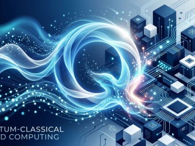Abstract illustration of quantum-classical hybrid computing with blue gradient waves representing quantum layer and geometric shapes representing classical processors