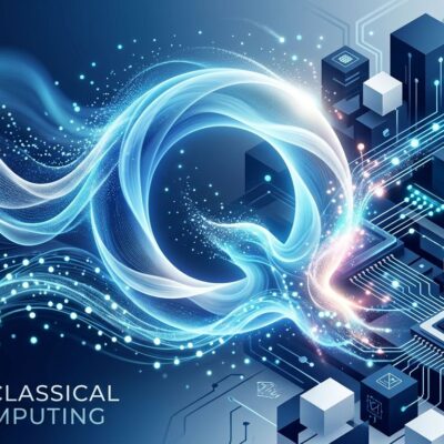 Abstract illustration of quantum-classical hybrid computing with blue gradient waves representing quantum layer and geometric shapes representing classical processors