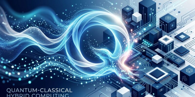 Abstract illustration of quantum-classical hybrid computing with blue gradient waves representing quantum layer and geometric shapes representing classical processors