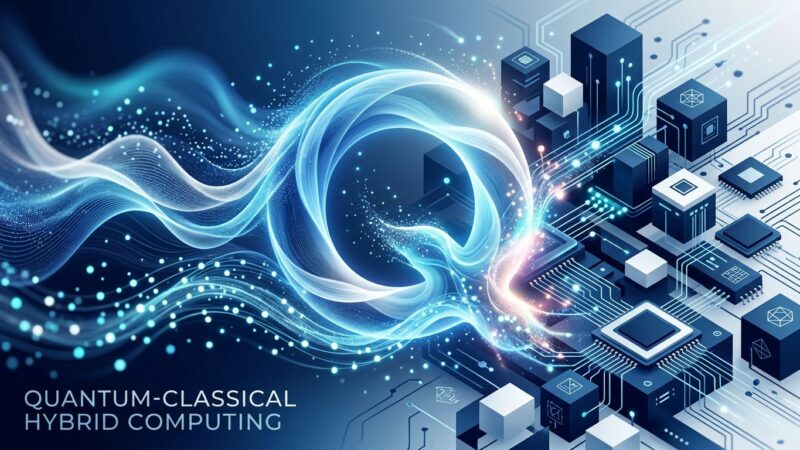 Abstract illustration of quantum-classical hybrid computing with blue gradient waves representing quantum layer and geometric shapes representing classical processors