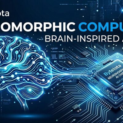 Abstract visualization of neuromorphic computing with neural network connections merging with circuit patterns in blue and white colors
