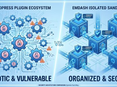 Split-screen comparison showing WordPress plugin vulnerabilities versus EmDash sandbox security architecture
