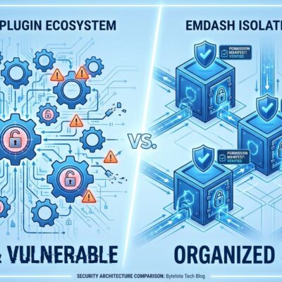 Split-screen comparison showing WordPress plugin vulnerabilities versus EmDash sandbox security architecture