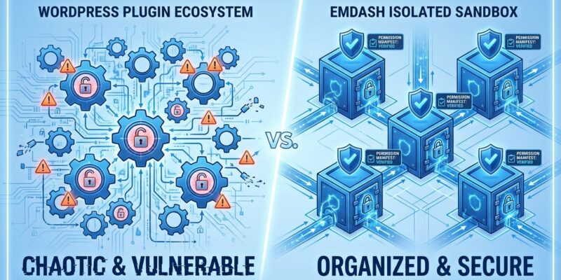 Split-screen comparison showing WordPress plugin vulnerabilities versus EmDash sandbox security architecture