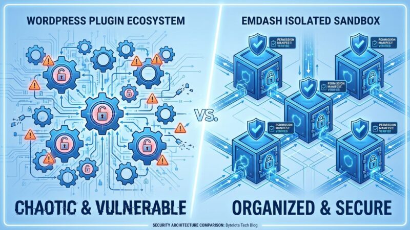 Split-screen comparison showing WordPress plugin vulnerabilities versus EmDash sandbox security architecture