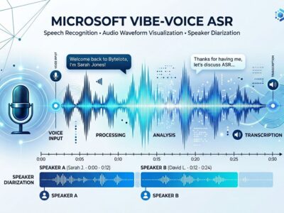 Microsoft VibeVoice ASR speech recognition tutorial showing audio waveform and speaker diarization visualization