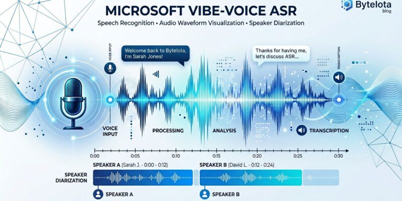Microsoft VibeVoice ASR speech recognition tutorial showing audio waveform and speaker diarization visualization
