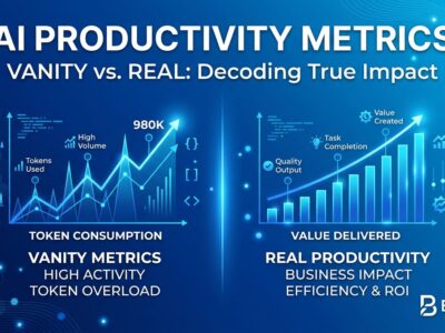 Abstract visualization of AI tokenmaxxing productivity metrics showing blue gradient background with code symbols