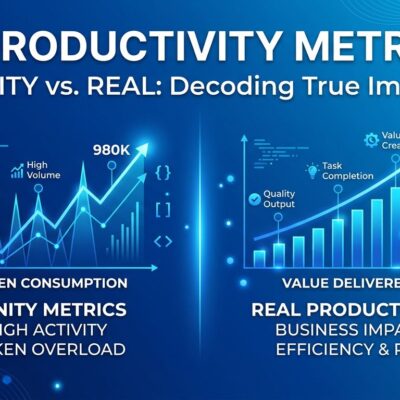 Abstract visualization of AI tokenmaxxing productivity metrics showing blue gradient background with code symbols