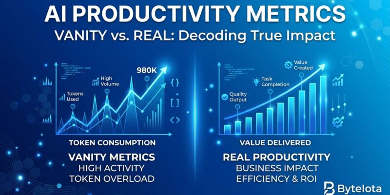 Abstract visualization of AI tokenmaxxing productivity metrics showing blue gradient background with code symbols