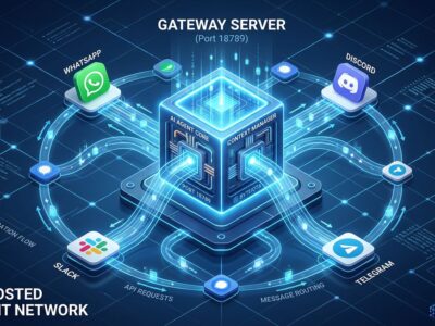 Isometric 3D illustration of OpenClaw AI agent network with central Gateway hub and messaging platform icons