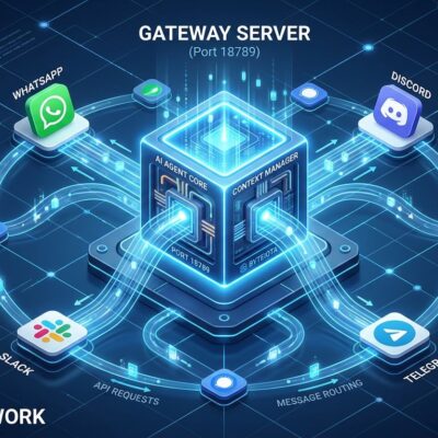 Isometric 3D illustration of OpenClaw AI agent network with central Gateway hub and messaging platform icons