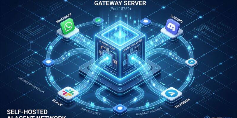 Isometric 3D illustration of OpenClaw AI agent network with central Gateway hub and messaging platform icons
