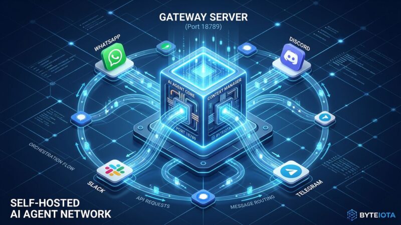 Isometric 3D illustration of OpenClaw AI agent network with central Gateway hub and messaging platform icons