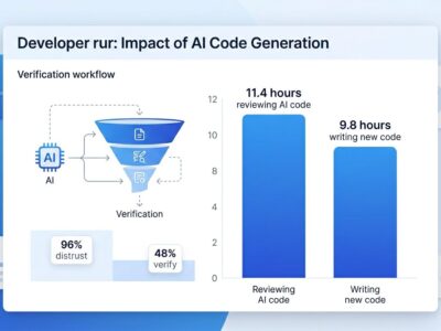 Data visualization showing developers spend 11.4 hours reviewing AI code vs 9.8 hours writing