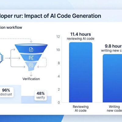 Data visualization showing developers spend 11.4 hours reviewing AI code vs 9.8 hours writing