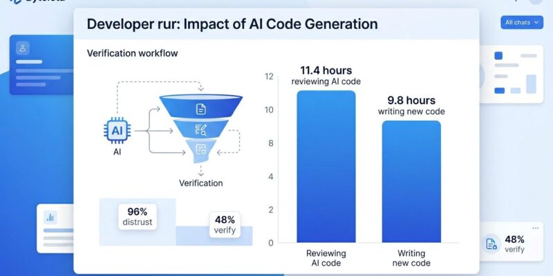 Data visualization showing developers spend 11.4 hours reviewing AI code vs 9.8 hours writing