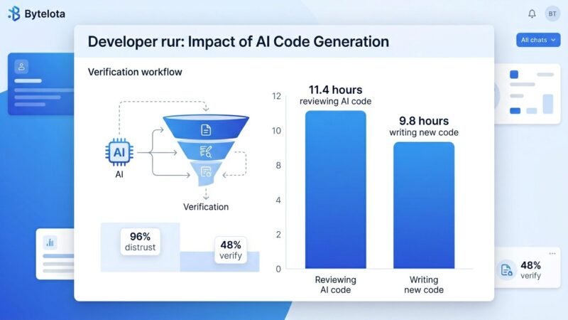 Data visualization showing developers spend 11.4 hours reviewing AI code vs 9.8 hours writing