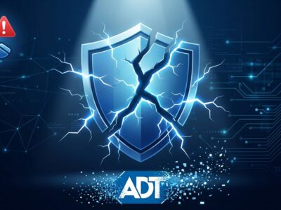 Broken security shield split into three fragments representing ADT's third data breach in a year, with vishing attack symbol and digital particles