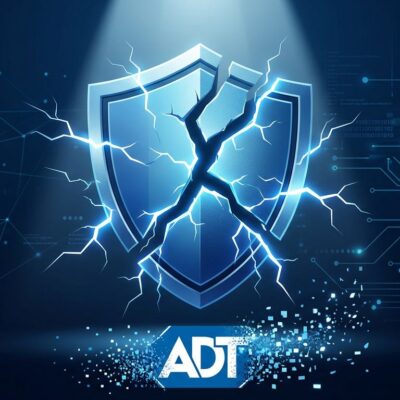 Broken security shield split into three fragments representing ADT's third data breach in a year, with vishing attack symbol and digital particles