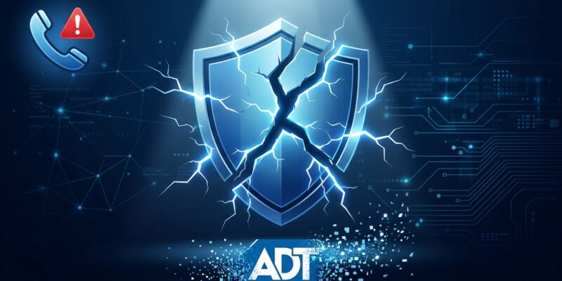 Broken security shield split into three fragments representing ADT's third data breach in a year, with vishing attack symbol and digital particles