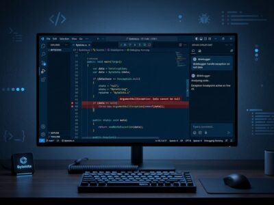 Visual Studio code editor with AI Copilot debugging assistant showing @debugger command and breakpoint indicators