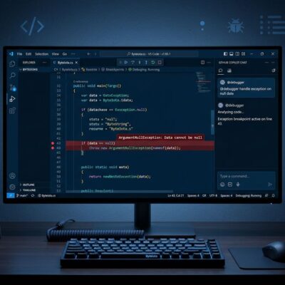Visual Studio code editor with AI Copilot debugging assistant showing @debugger command and breakpoint indicators