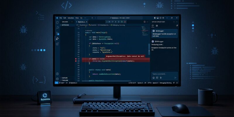 Visual Studio code editor with AI Copilot debugging assistant showing @debugger command and breakpoint indicators