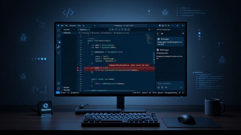 Visual Studio code editor with AI Copilot debugging assistant showing @debugger command and breakpoint indicators