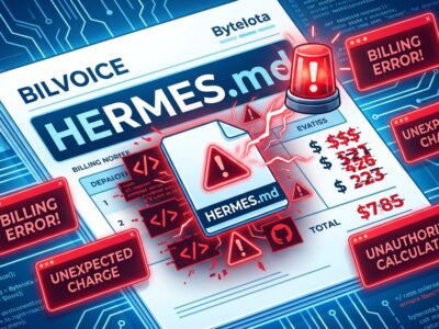 Digital billing invoice showing HERMES.md filename triggering a billing error with warning symbols, representing Anthropic's billing bug controversy