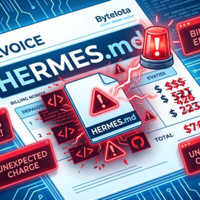 Digital billing invoice showing HERMES.md filename triggering a billing error with warning symbols, representing Anthropic's billing bug controversy